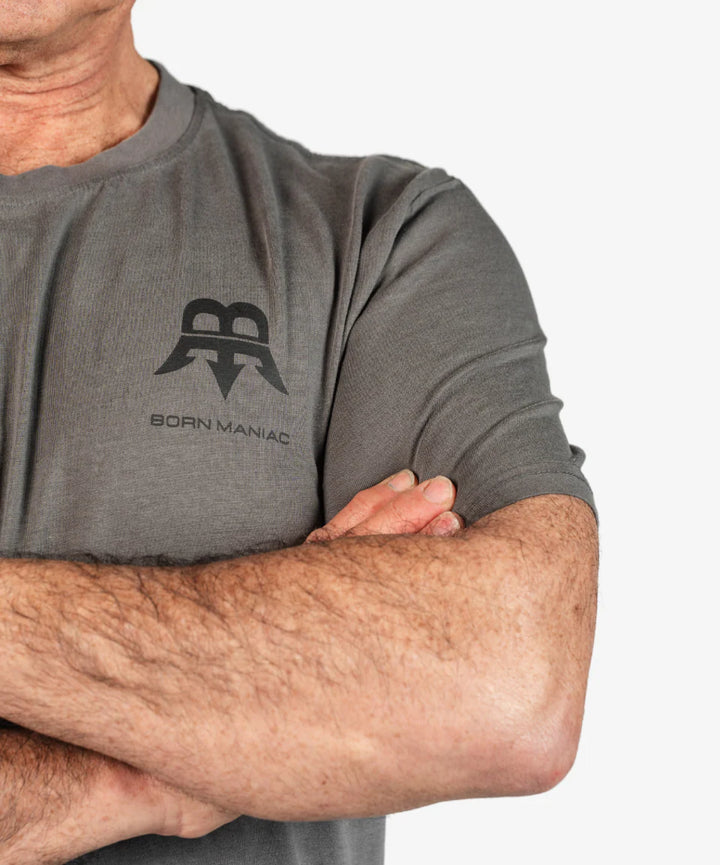 BORN MANIAC - UNISEX CHARCOAL FONT TEE